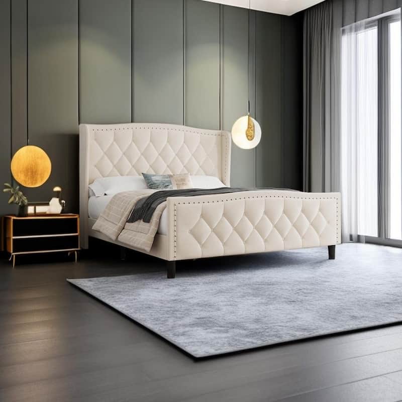 Modern Upholstered Velvet Platform Bed with Wingback Headboard and Wood Slat Support - Off White - Queen