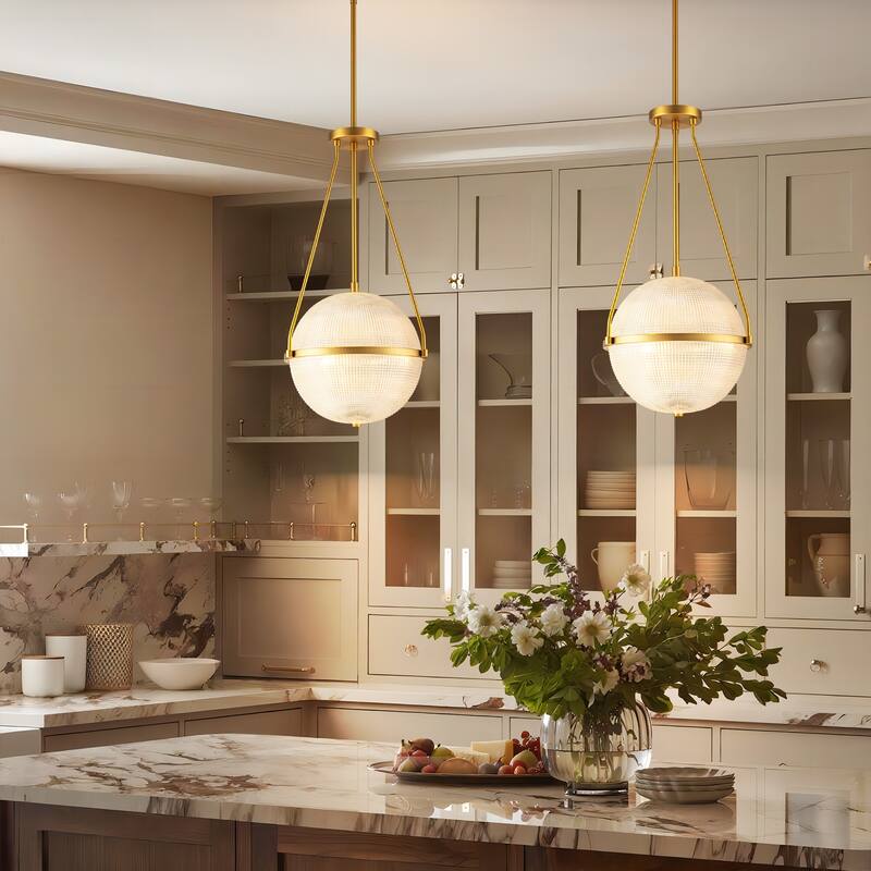 3-Light 13.78" Black/Gold Mid-Century Modern Grid Glass Globe Bubble Pendant Light Kitchen Island Lighting