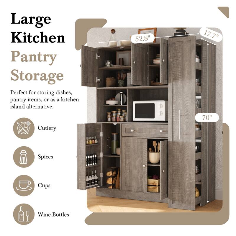 Freestanding Kitchen Pantry Storage Cabinet Cupboard with Pull-Out Side Cabinet