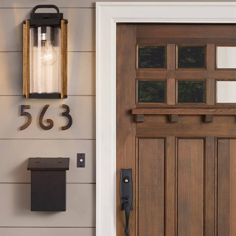 In/Outdoor Wood Grain Wall Sconce with Seeded Glass Shades