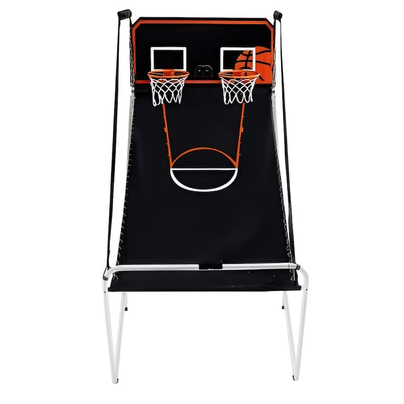 Black-White Steel Dual Hoop Basketball Arcade Game with 8 Games and Foldable Frame - 82” L x 44” W x 81” H