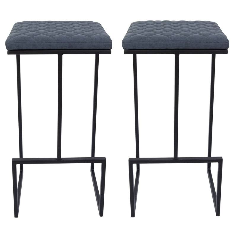 Quincy Leather Quilted Counter Height Barstool (Set of 2) with Upholstered Square Seats & Footrest for Home Bar & Kitchen - Peacock Blue