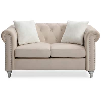 Tufted Faux Jewel Velvet 2-Seater Sofa with Throw Pillows - 60" - Beige