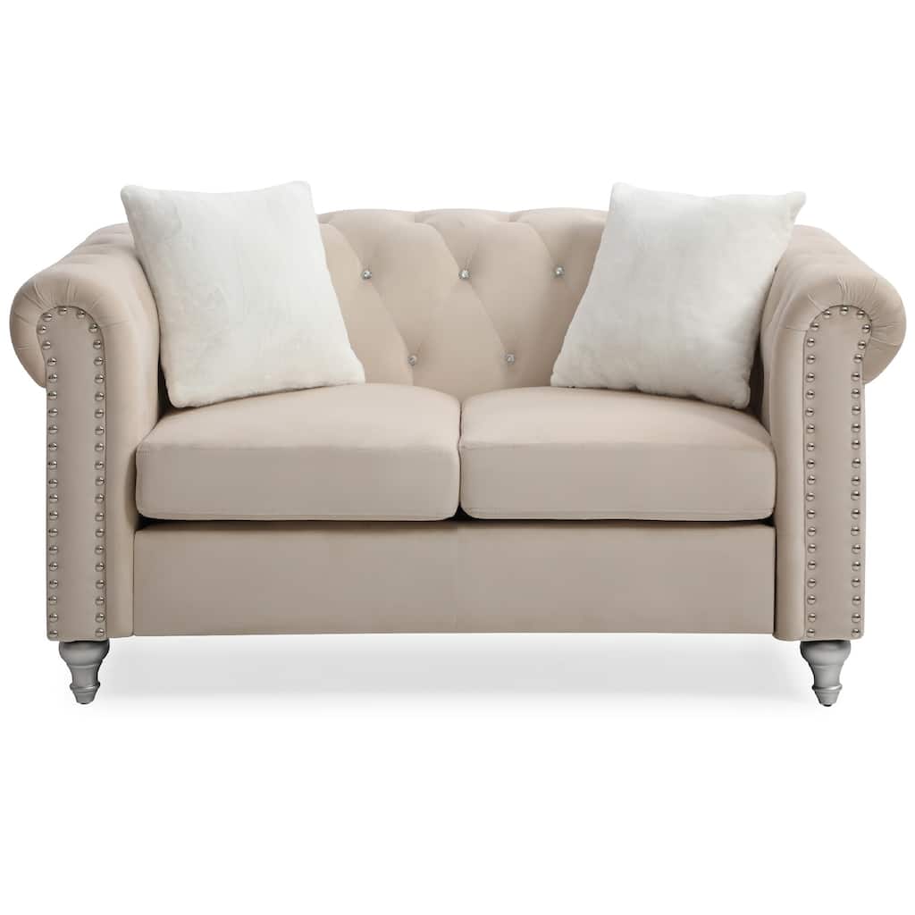 Tufted Faux Jewel Velvet 2-Seater Sofa with Throw Pillows - 60" - Beige