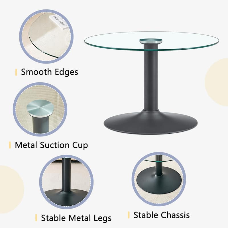 Roomfitters 27.5-Inch Round Tempered Glass Coffee Table, Metal Base, Circular Center Table, Modern Minimalist