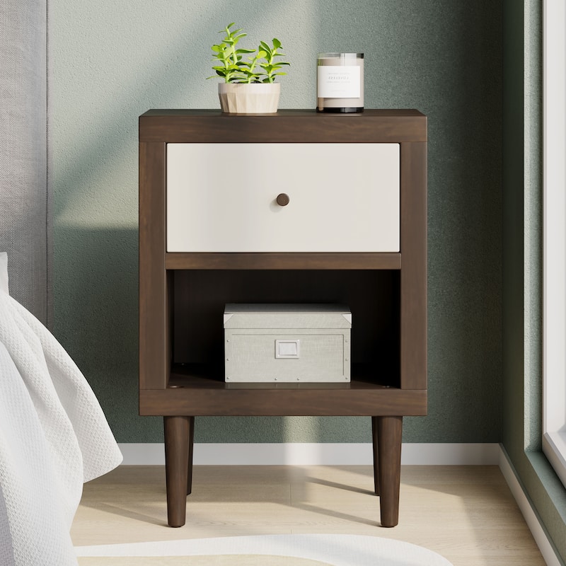 Nightstand Bedroom Cabinet, Hallway Floor Organizer with Rubberwood Legs, Mid-century Cabinet with Top Drawer and Bottom Shelf