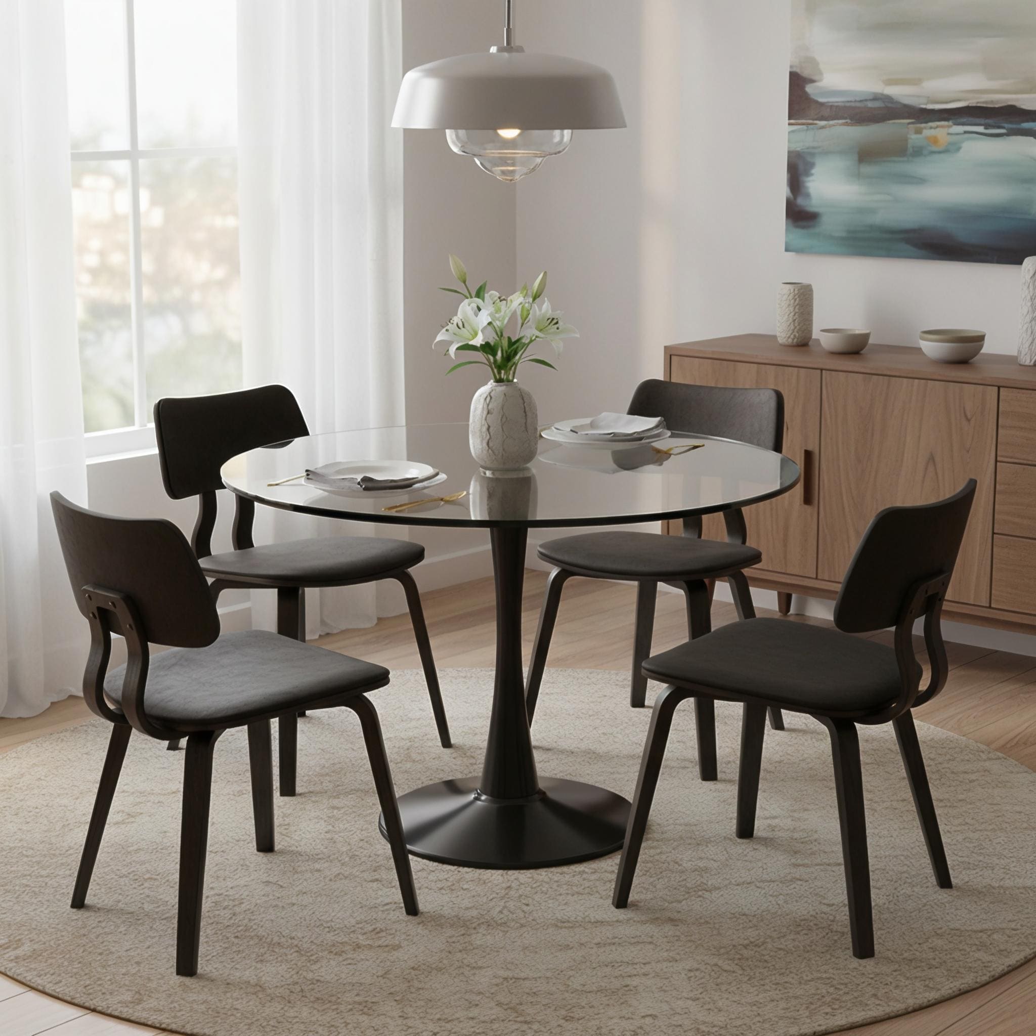 Bristol Modern Round Glass Dining Table with Black Iron Pedestal Base - Sleek Circular Kitchen Table, Multiple Sizes