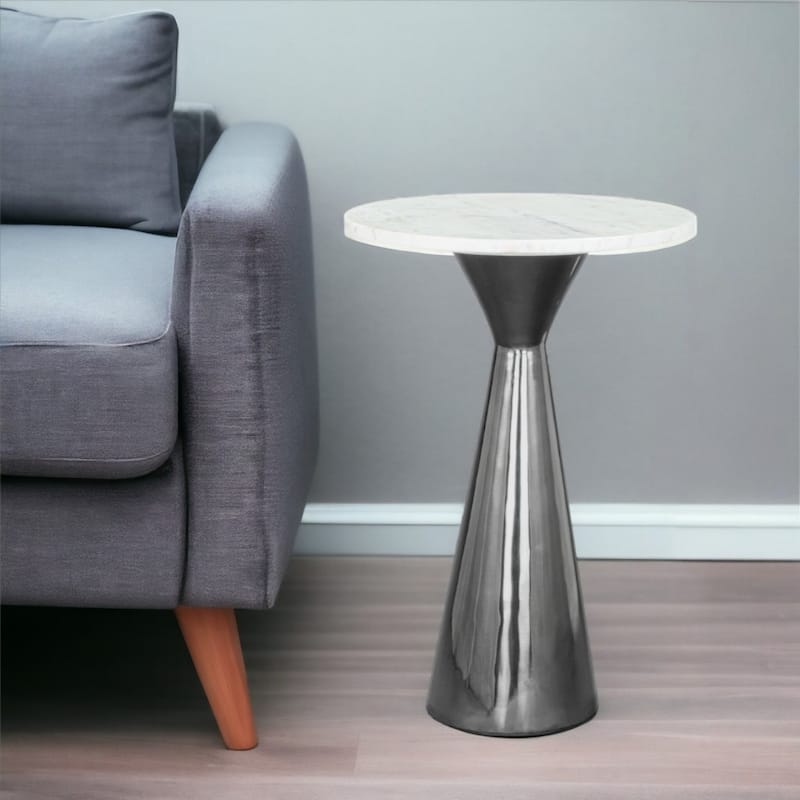23" Modern Round Marble Side Table with Black Pedestal Steel Base for Living Room or Bedroom - 22.5”H x 15”W x 15”L