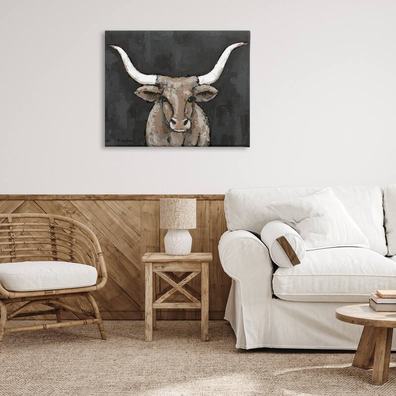 Stupell Longhorn on Murky Grey Canvas Wall Art Design By Sara Baker
