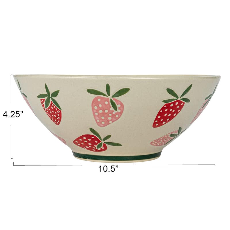 Hand-Painted Stoneware Bowls with Wax Relief Strawberries - 10.5"L x 10.5"W x 4.3"H