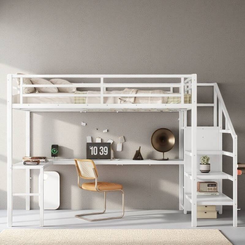 Multi-Functional Loft Bed with Closet, USB Ports, Shelves & Desk, with Storage Stairs - Full Off White - Full