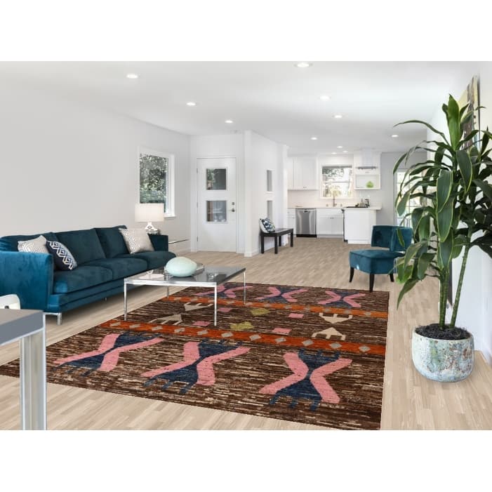 Brown Geometric Moroccan Area Rug Hand-Knotted Wool Carpet - 6'10" x 9'10"