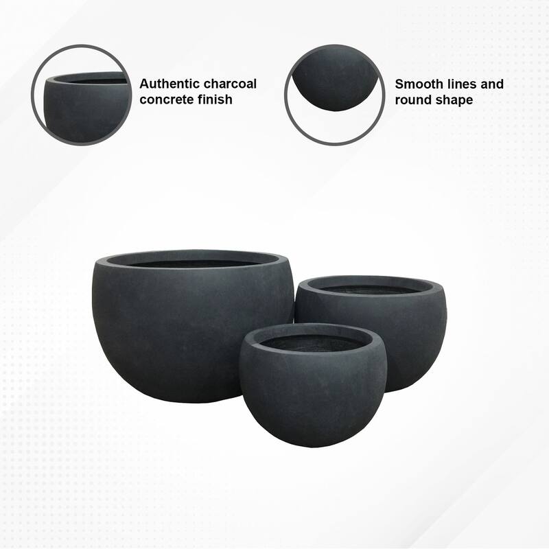 Kante Lightweight Concrete Outdoor Round Planter, Set of 3, 13", 10.5" and 8" Tall, Charcoal