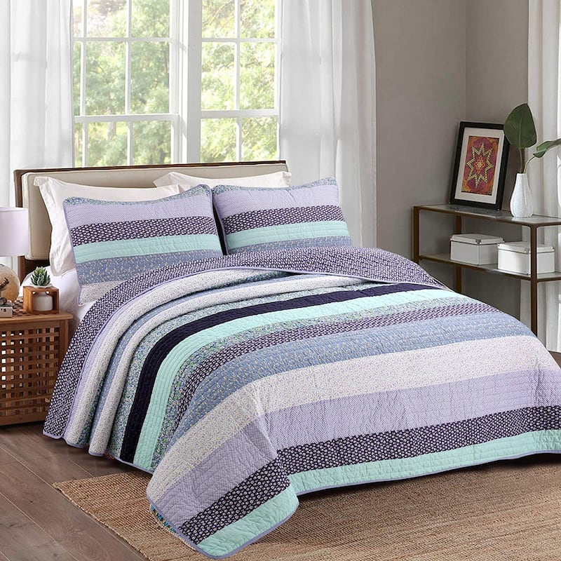 Porch & Den Applegate Aqua/Lilac Striped Cotton 3-piece Reversible Quilt Bedding Set - Aqua/Lilac/Purple