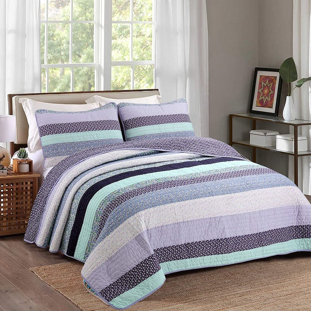 Porch & Den Applegate Aqua/Lilac Striped Cotton 3-piece Reversible Quilt Bedding Set - Aqua/Lilac/Purple