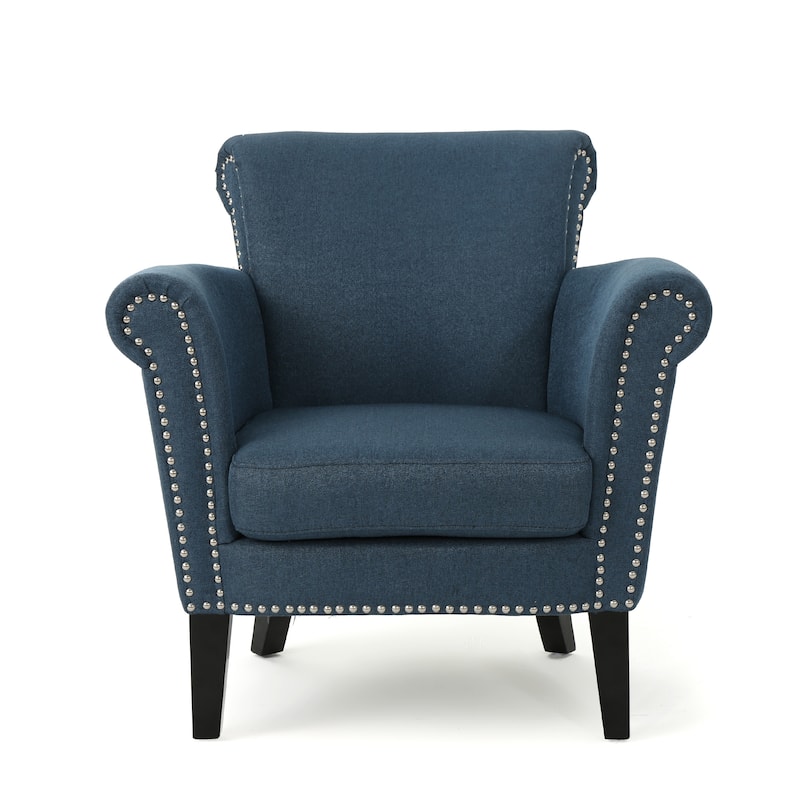 Roomfitters Rolled Arm Accent Chair with Nailhead Trim and Tapered Wood Legs, Upholstered Armchair for Living Room, Navy Blue