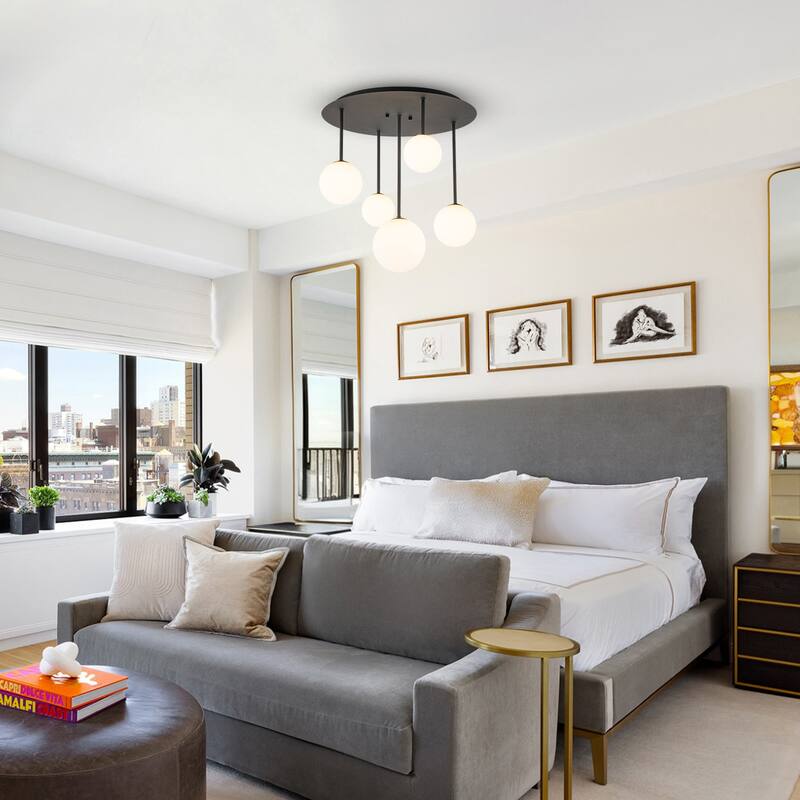 5 Light Branch Semi-Flush Mount Lighting with Milky White Glass Globes