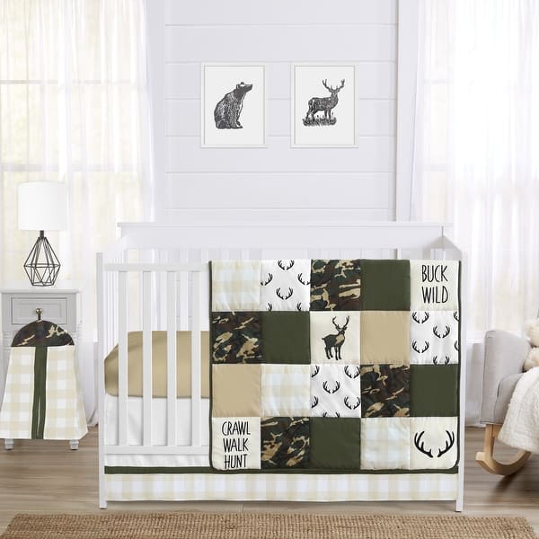 slide 2 of 6, Sweet Jojo Designs Green Beige Deer Buffalo Plaid Check Woodland Camo Camouflage Collection Boy 4-piece Crib Bedding Set