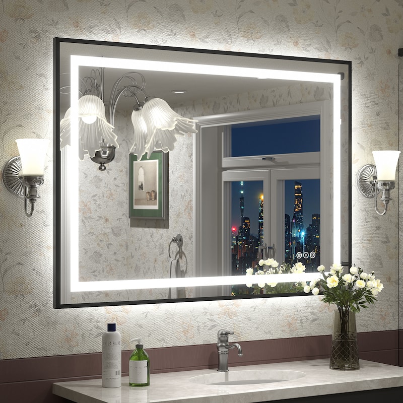 Black Metal Framed LED Front Light and Backlit Anti-Fog Wall Bathroom/ Vanity Mirror - 44" x 32"-Square Corner - Black