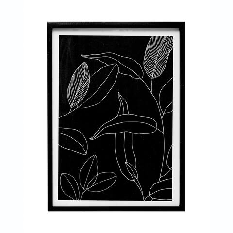 Wood Framed Glass Wall Décor with Leaf Line Drawing