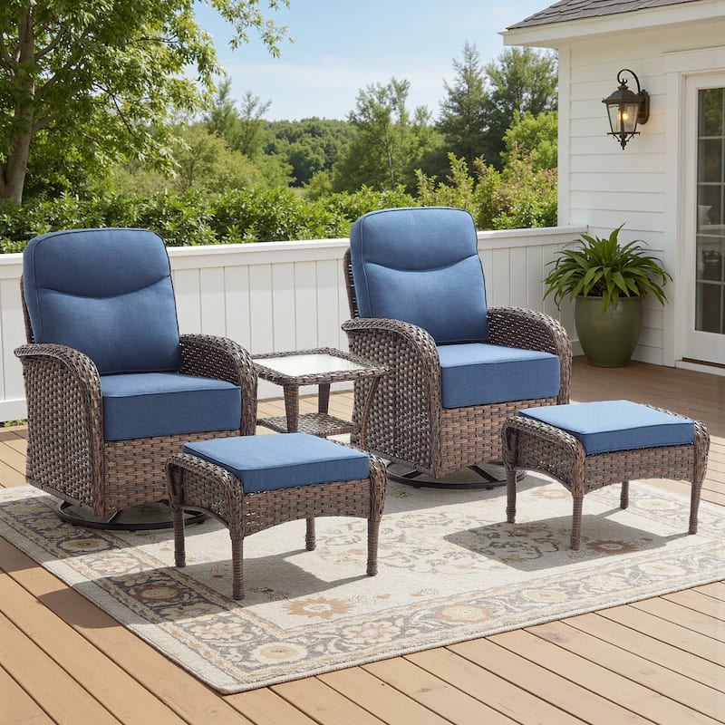 Meyreso 5-Piece Wicker Patio Swivel Glider Set with 6-Inch Thick Cushions - Brown Wicker - Navy Blue Cushions