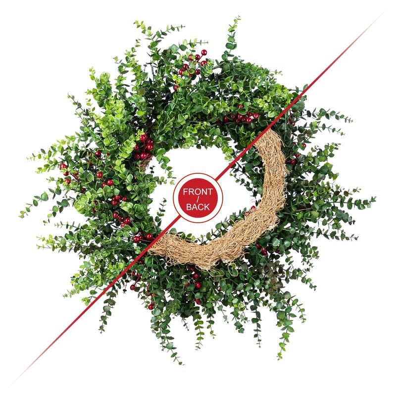 Glitzhome 9ft/6ft Christmas Greenery PE Dripping Eucalyptus Garland & 28"D Wreath with Red Berries