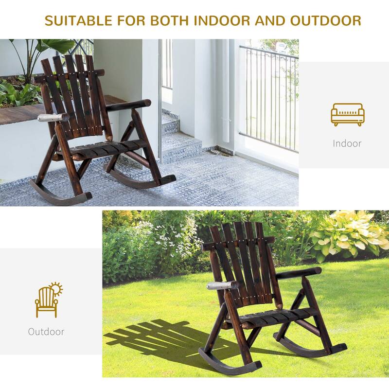 Outsunny Outdoor Rustic Adirondack Rocking Chair, Fir Wood Log Slatted Design Patio Rocker for Porch Garden Lounging