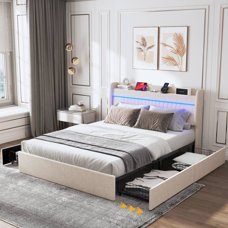 Queen Velvet Platform Bed with LED Lights and Charging Station