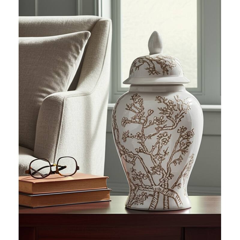 Decorative Ceramic Cherry Blossom Temple Jar with Lid - White & Brown