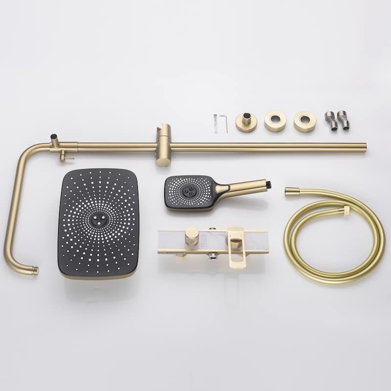 5-Way Wall Exposed Install 12'' Complete Rainfall Shower System with Handheld Showerhead & Faucet in Black / Gold
