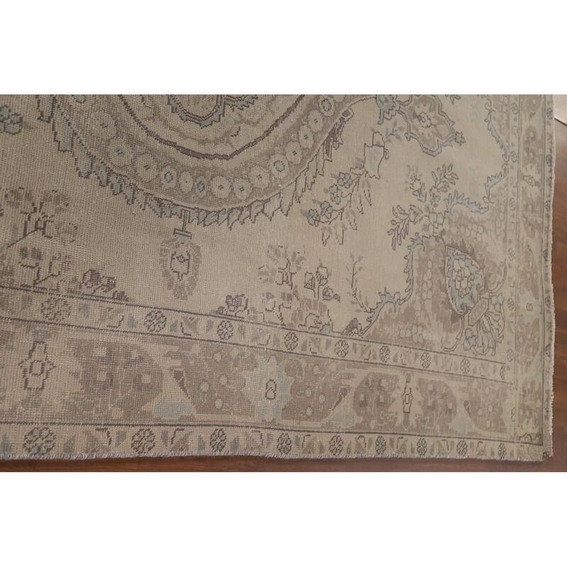 Hand Knotted Oriental 100% Wool Carpet Traditional Medallion Beige & Ivories Tabriz Area Rug - 9' 4'' X 6' 5''