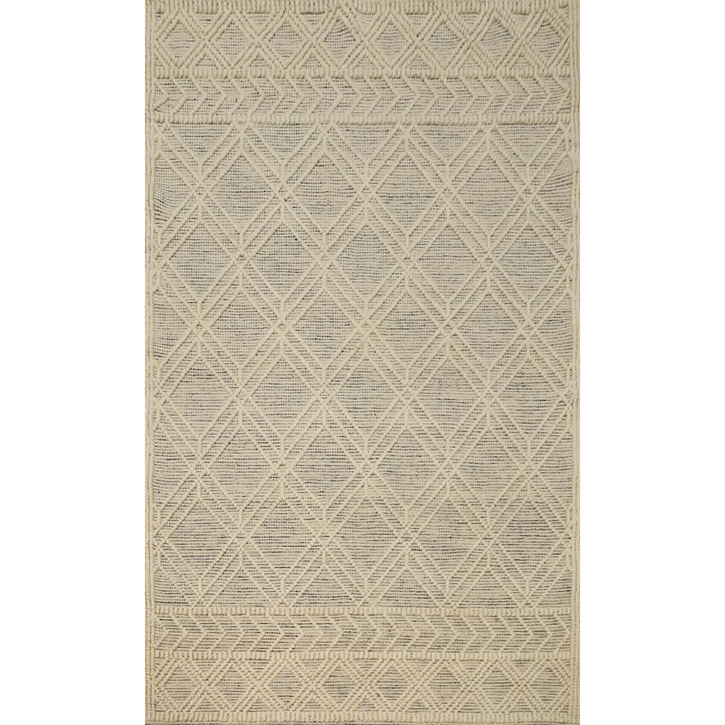 Hand Knotted Oriental 100% Wool Carpet Modern Geometric Beige & Ivories Modern Gotti Design Area Rug - 7' 8'' X 4' 11''