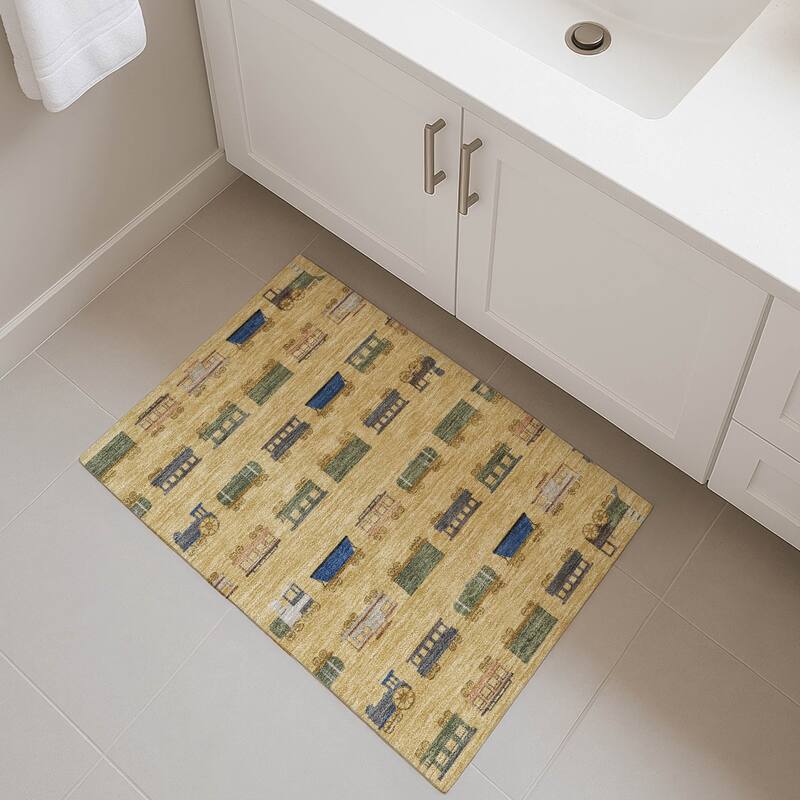 Machine Washable Indoor/ Outdoor Modern Train Chantille Rug