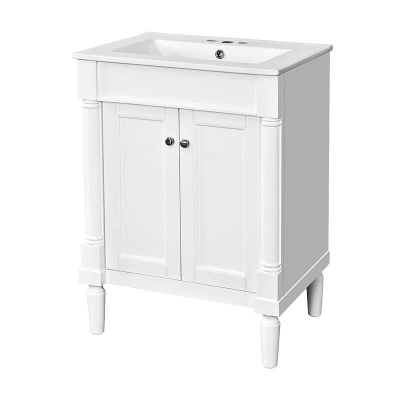 24 Inch Bathroom Vanity with Ceramic Top Sink, Freestanding Single Sink Vanity with Storage Shelves, Modern Style