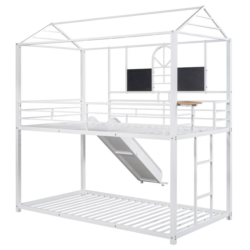 Twin over Twin Metal House Bunk Bed with Slide for Kids
