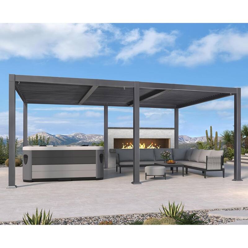PURPLE LEAF Sun Shade Louvered Pergola with Light - Adjustable Metal Roof for Outdoor Patio - 11.4' x 17.5' - Grey