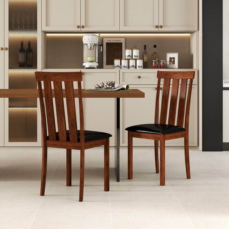 Set of 2 Dining Room Chairs with Rubber Wood Frame PU Leather Seat-Walnut - Multi