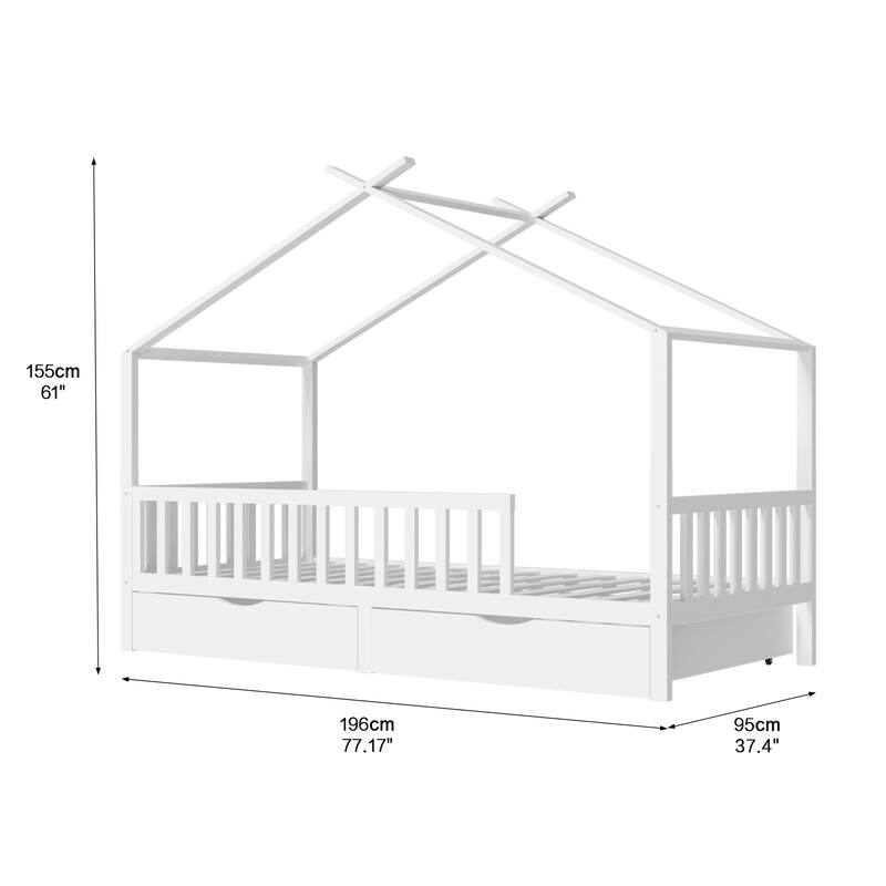 Full House Bed with 2 Storage Drawers, Kids Full Bed Frame with Rails and Roof,Wooden Full Daybed, Full Montessori Bed