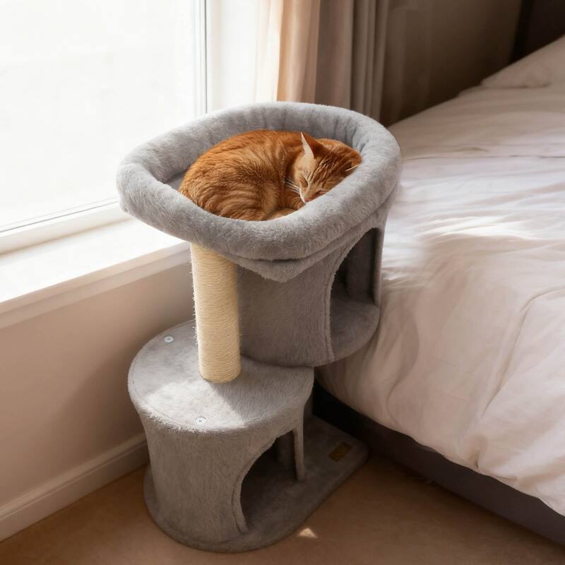 Costway 26” Small Cat Tree with Large Padded Plush Perch, 2 Condos, - See Details
