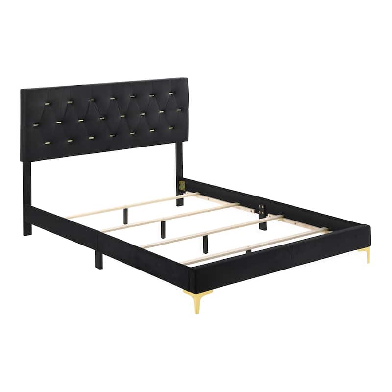 Lif Platform King Size Bed, Panel Tufted Headboard, Gold, Black Velvet