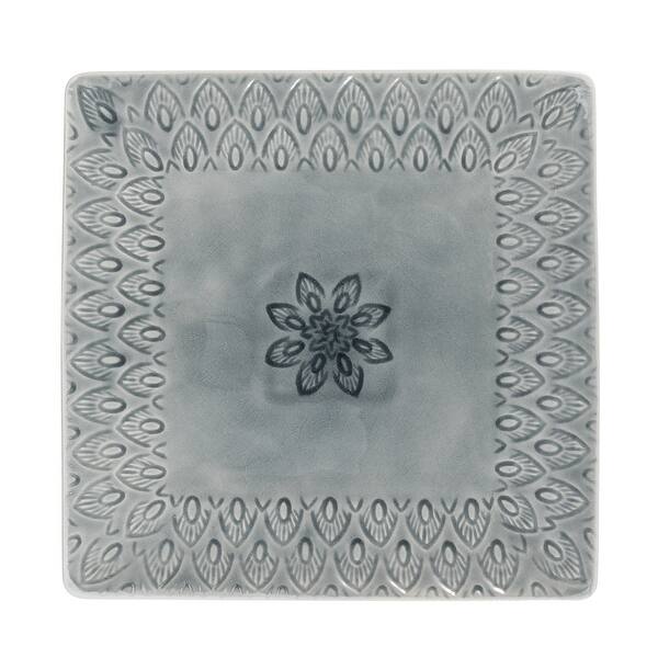 Euro Ceramica Peacock 11.5" Square Serving Platter in Grey - 11.4 in. x 11.4 in. x 1.2 in.