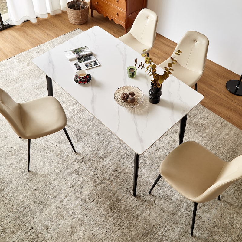 Rectangular Dining Table, Table Kitchen Table with Porcelain Table Top and Metal Legs, Dining Room Table for 4 - White+Black