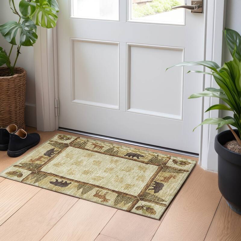 Premium Washable Super Soft Bear Moose Border Mayfield Rug - Khaki - 1' 8" x 2' 6" - Rectangle
