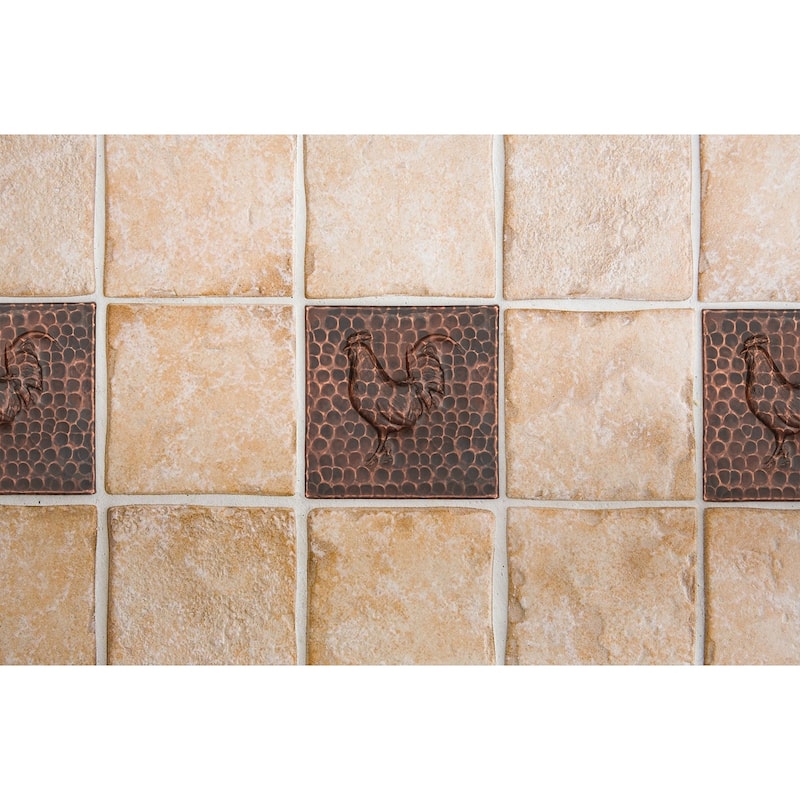 4" x 4" Hammered Copper Rooster Tile - Quantity 4 (T4DBR_PKG4)