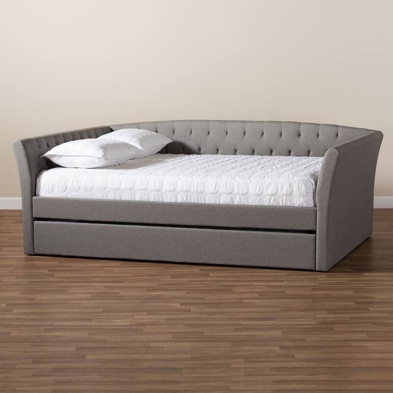 Queen Size Daybed with Trundle - Light Grey Upholstered Farmhouse Modern Bed