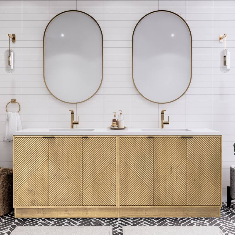 Milano 84" Freestanding Bathroom Vanity with Double White Sink - 83.46" x 19.49" x 35.46'' - Oak