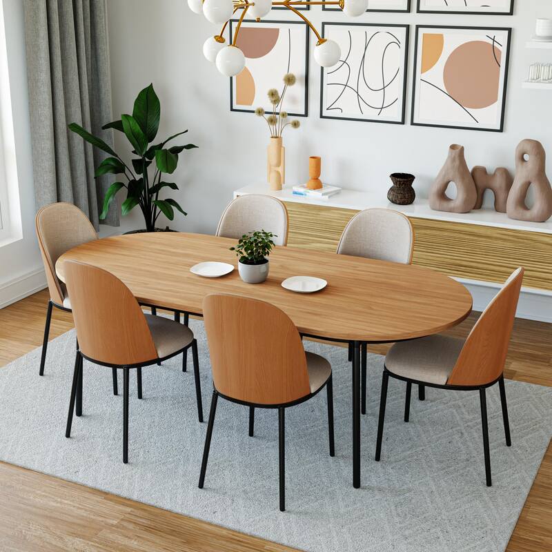 Tule Modern 7-Piece Dining Set in Black Steel Legs with 6 Fabric Upholstered Dining Chairs and Solid Wood Top Dining Table