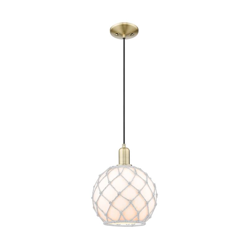 Innovations Lighting Endless Possibilities Arcadia - Farmhouse Rope - 1 Light 10" Cord Hung Mini Pendant - Antique Brass/White Glass with White Rope