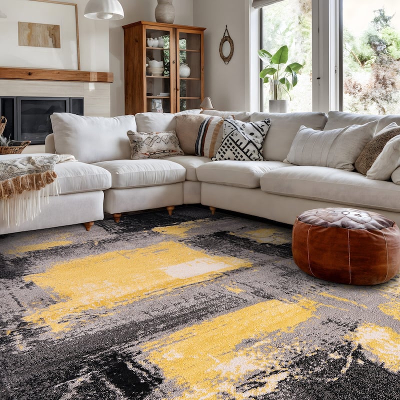 World Rug Gallery Contemporary Abstract Watercolor Yellow Area Rug