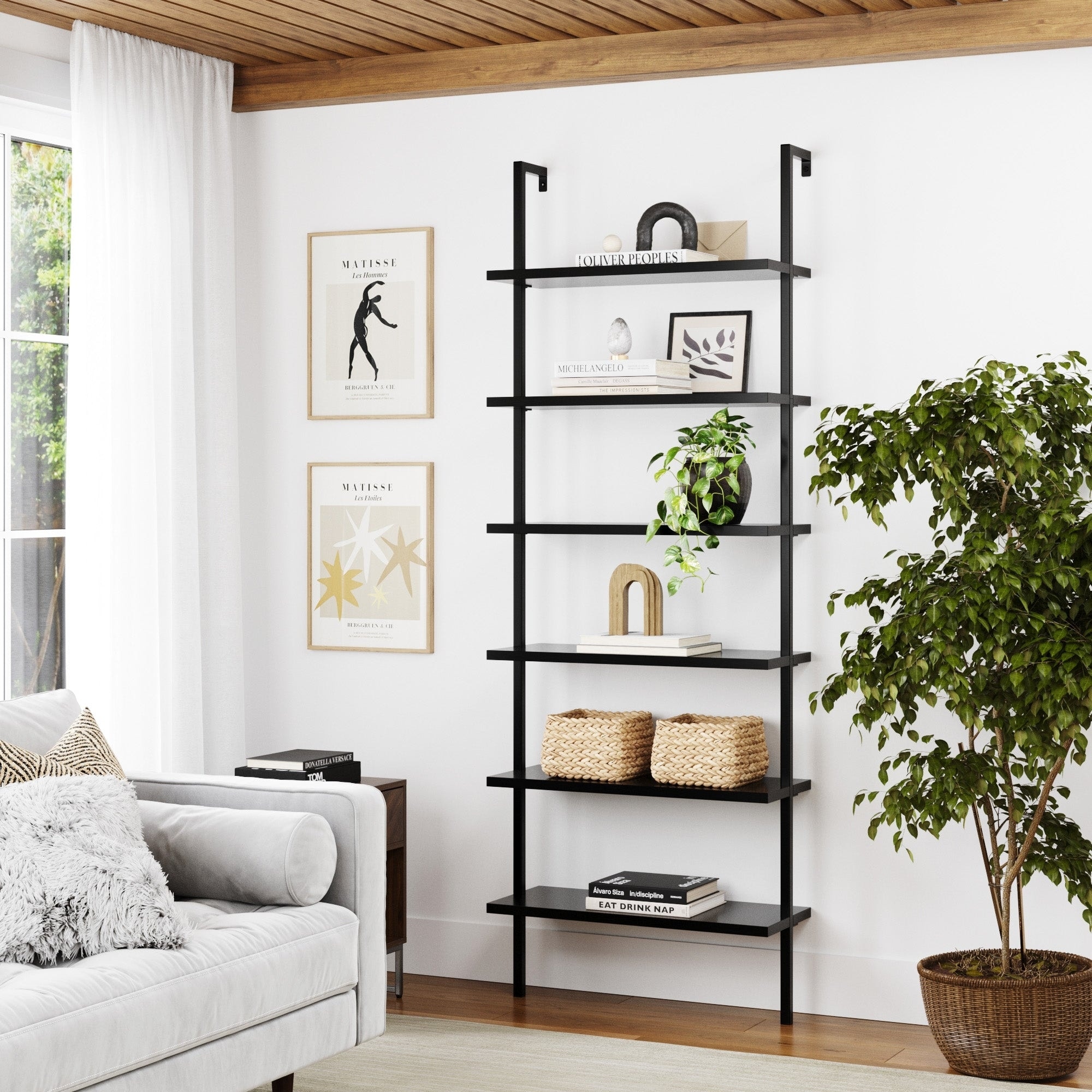 Nathan James Theo 6-Shelf Tall Bookcase, Wall Mount Bookshelf Wood with Metal Frame - Nutmeg/Matte Black